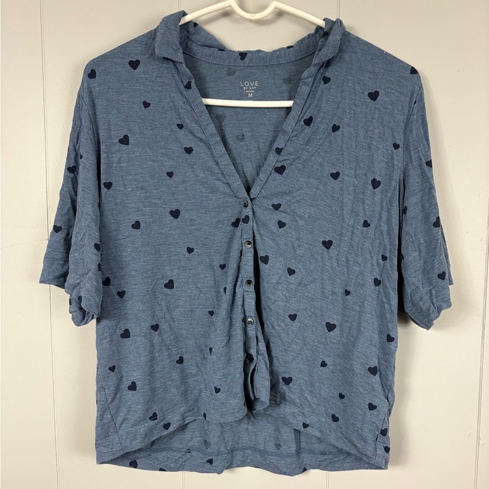 Love by Gap Blue Heart Loungewear Button Down Pajama Top Valentine’s Day Cozy M